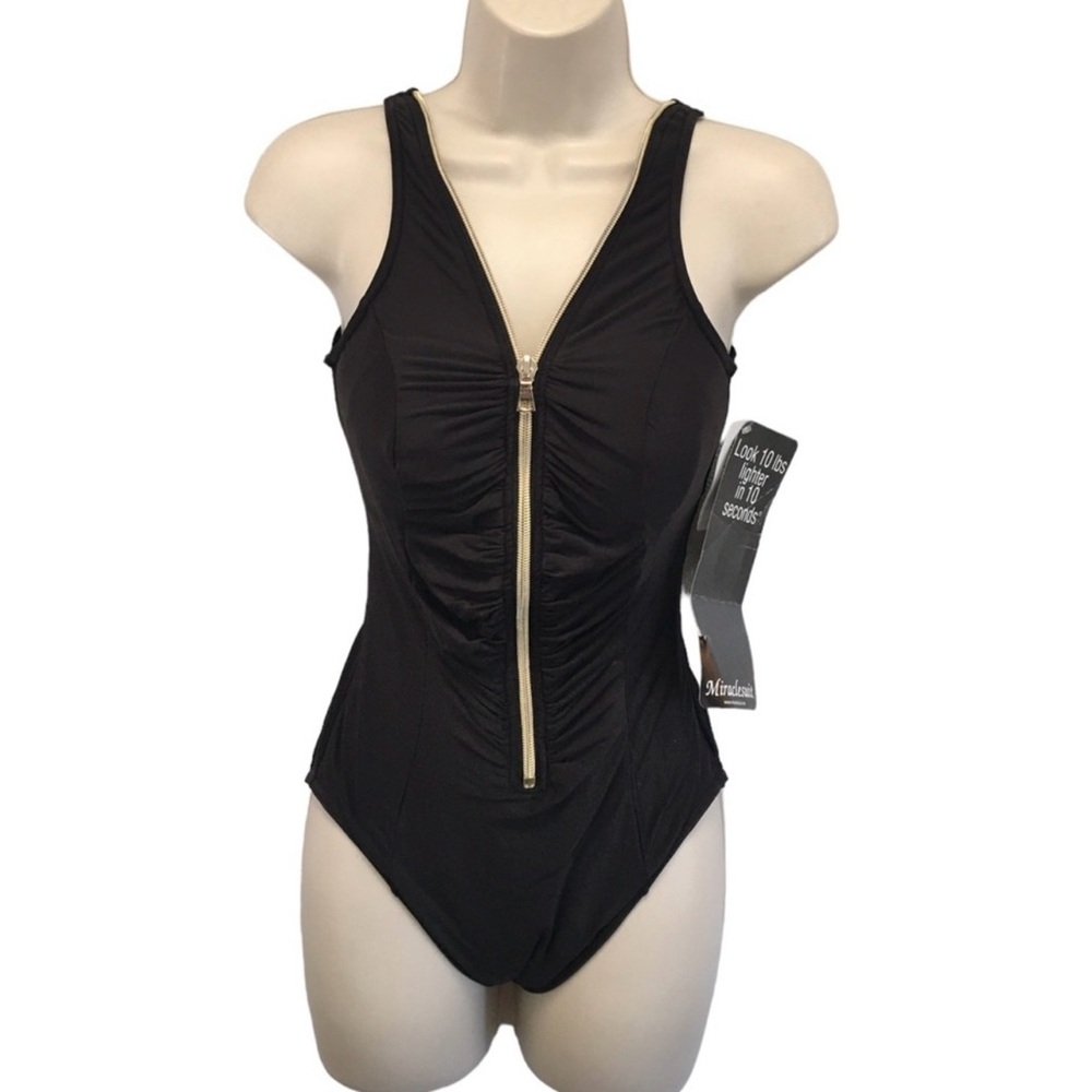 Miraclesuit Suit Yourself Blitz Black Zipper Front Swimsuit One Piece US 10 NWT